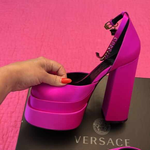 Versace Women's Pink satin Platform Heels, US8 - Picture 7 of 12